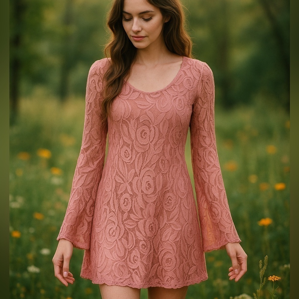 Francesca’s Dina Be Mauve Pink Floral Lace Bell Sleeve Boho Mini Dress Small